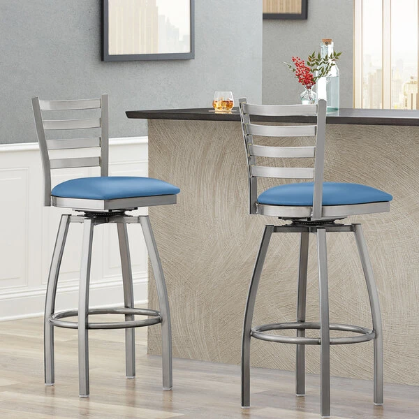 Best Pirce 🛒 Lancaster Table & Seating Clear 🧥 Coat Ladder Back Swivel Bar Height Chair With Blue Padded Seat ✔️