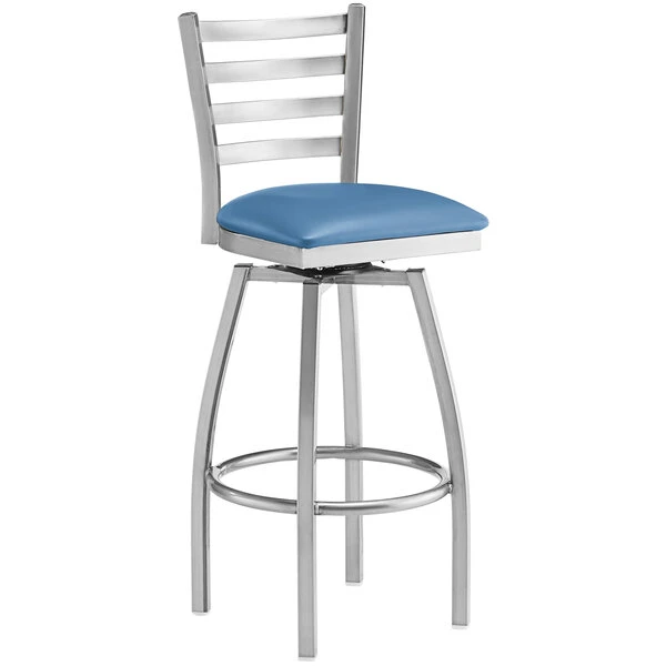 Best Pirce 🛒 Lancaster Table & Seating Clear 🧥 Coat Ladder Back Swivel Bar Height Chair With Blue Padded Seat ✔️ - Image 2