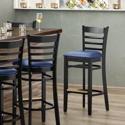 Best Sale 🔥 Lancaster Table & Seating Black Ladder Back Bar Height Chair With Navy Padded Seat 😍