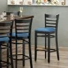Budget ⌛ Lancaster Table & Seating Black Finish Wooden Ladder Back Bar Height Chair With Blue Padded Seat ❤️