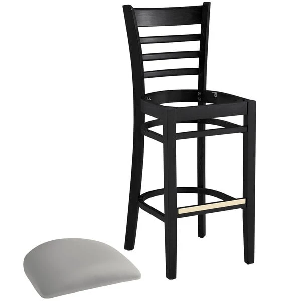 Cheapest 😍 Lancaster Table & Seating Black Finish Wooden Ladder Back Bar Height Chair With Light Gray Padded Seat ⭐ - Image 4