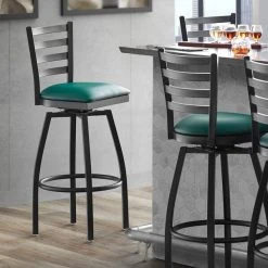 Discount ⌛ Lancaster Table & Seating Black Top Frame Ladder Back Swivel Bar Height Chair With Green Padded Seat 😀