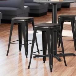 Wholesale ⌛ LT&S Alloy Series Lancaster Table & Seating Alloy Series Distressed Black Metal Indoor Industrial Cafe Counter Height Stool With Black Wood Seat 👏