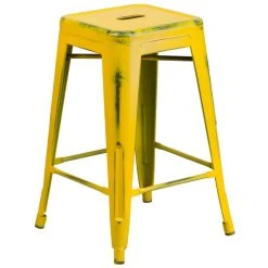 Budget 🧨 Flash Furniture ET-BT3503-24-YL-GG Distressed Yellow Stackable Metal Counter Height Stool With Drain Hole Seat ✨