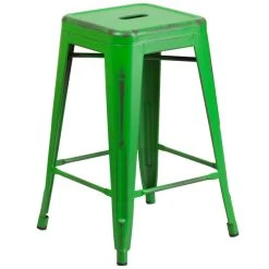Best Sale 🎉 Flash Furniture ET-BT3503-24-GN-GG Distressed Green Stackable Metal Counter Height Stool With Drain Hole Seat 🎉
