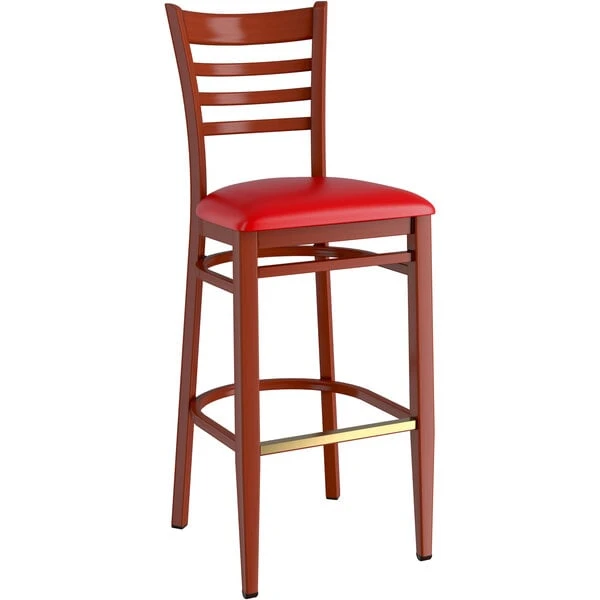 Deals 🌟 LT&S Spartan Series Lancaster Table & Seating Spartan Series Bar Height Metal Ladder Back Chair With Mahogany Wood Grain Finish And Red Vinyl Seat 😍 - Image 2
