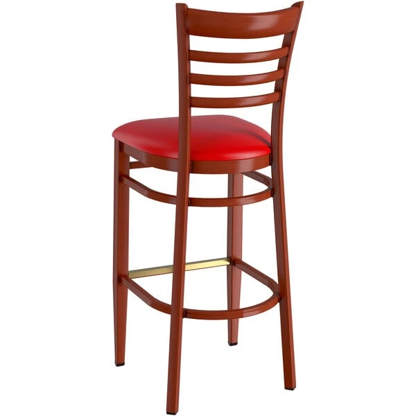 Deals 🌟 LT&S Spartan Series Lancaster Table & Seating Spartan Series Bar Height Metal Ladder Back Chair With Mahogany Wood Grain Finish And Red Vinyl Seat 😍 - Image 3