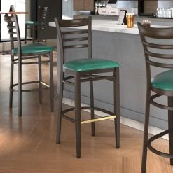 Cheapest 🎁 LT&S Spartan Series Lancaster Table & Seating Spartan Series Bar Height Metal Ladder Back Chair With Walnut Wood Grain Finish And Green Vinyl Seat 🤩