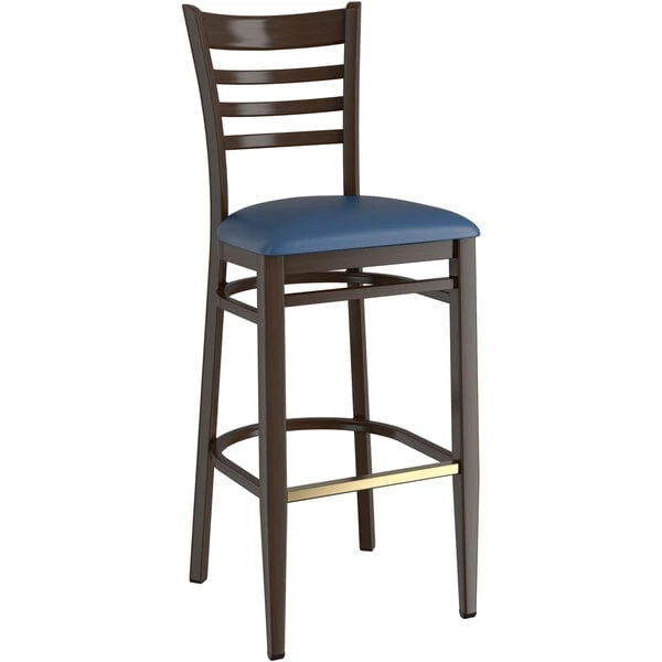 Cheapest ⌛ LT&S Spartan Series Lancaster Table & Seating Spartan Series Bar Height Metal Ladder Back Chair With Walnut Wood Grain Finish And Navy Vinyl Seat ⌛ - Image 2