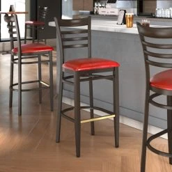 Best reviews of 🌟 LT&S Spartan Series Lancaster Table & Seating Spartan Series Bar Height Metal Ladder Back Chair With Walnut Wood Grain Finish And Red Vinyl Seat 😀