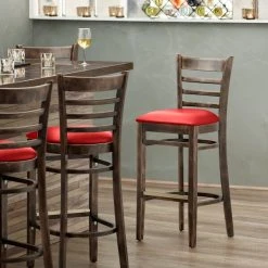 Budget 🧨 Lancaster Table & Seating Vintage Finish Ladder Back Bar Height Chair With Red Padded Seat 🔔