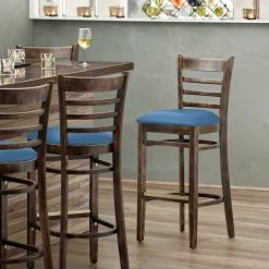 Top 10 😀 Lancaster Table & Seating Vintage Finish Wooden Ladder Back Bar Height Chair With Blue Padded Seat 😀