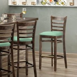 Budget 🔥 Lancaster Table & Seating Vintage Finish Wooden Ladder Back Bar Height Chair With Seafoam Padded Seat ✔️