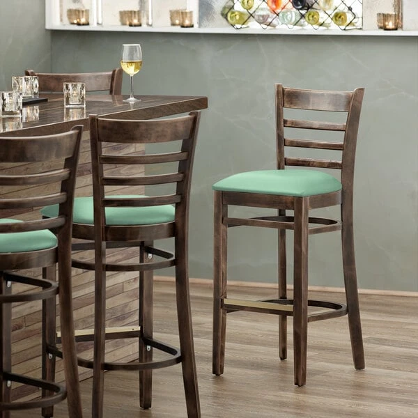 Budget 🔥 Lancaster Table & Seating Vintage Finish Wooden Ladder Back Bar Height Chair With Seafoam Padded Seat ✔️