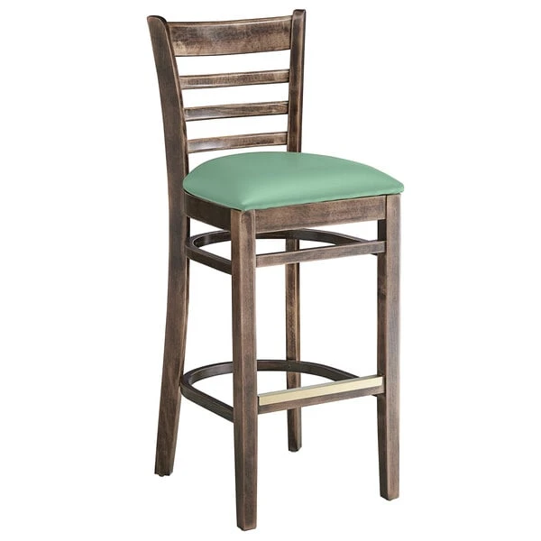 Budget 🔥 Lancaster Table & Seating Vintage Finish Wooden Ladder Back Bar Height Chair With Seafoam Padded Seat ✔️ - Image 2