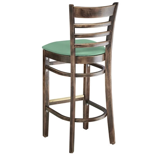Budget 🔥 Lancaster Table & Seating Vintage Finish Wooden Ladder Back Bar Height Chair With Seafoam Padded Seat ✔️ - Image 3