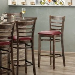 Best Sale ✨ Lancaster Table & Seating Vintage Ladder Back Bar Height Chair With Burgundy Padded Seat 🥰