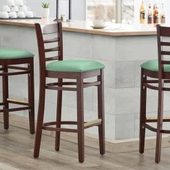 Cheap ⌛ Lancaster Table & Seating Mahogany Finish Wooden Ladder Back Bar Height Chair With Seafoam Padded Seat ❤️