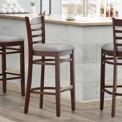 Buy 🔔 Lancaster Table & Seating Mahogany Finish Wooden Ladder Back Bar Height Chair With Light Gray Padded Seat ❤️