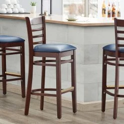 Deals 😍 Lancaster Table & Seating Mahogany Ladder Back Bar Height Chair With Navy Padded Seat ✨