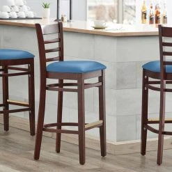 Cheap ✔️ Lancaster Table & Seating Mahogany Finish Wooden Ladder Back Bar Height Chair With Blue Padded Seat ⭐