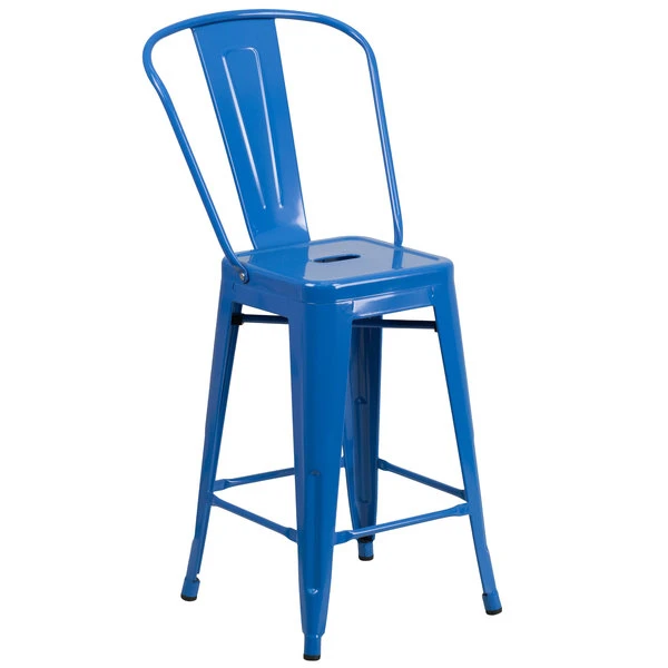 Hot Sale 🔥 Flash Furniture CH-31320-24GB-BL-GG 24" Blue Galvanized Steel Counter Height Stool With Vertical Slat Back And Drain Hole Seat 😍
