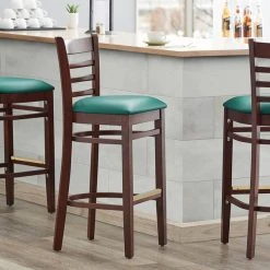 Budget ❤️ Lancaster Table & Seating Mahogany Ladder Back Bar Height Chair With Green Padded Seat ⌛