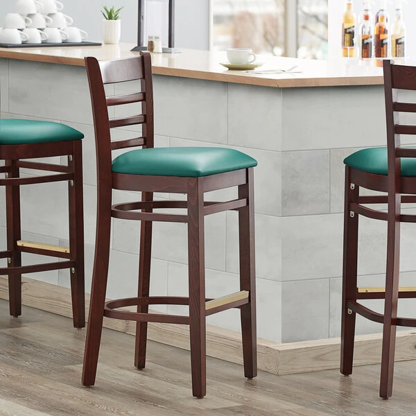 Budget ❤️ Lancaster Table & Seating Mahogany Ladder Back Bar Height Chair With Green Padded Seat ⌛