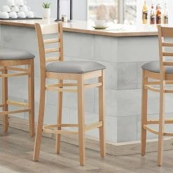 Budget 🔥 Lancaster Table & Seating Natural Finish Wooden Ladder Back Bar Height Chair With Light Gray Padded Seat 🎁