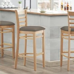Deals 😉 Lancaster Table & Seating Natural Finish Wooden Ladder Back Bar Height Chair With Taupe Padded Seat 🌟