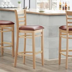 Promo 😍 Lancaster Table & Seating Natural Ladder Back Bar Height Chair With 2 1/2" Burgundy Padded Seat ✔️