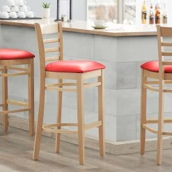 Best reviews of 🤩 Lancaster Table & Seating Natural Ladder Back Bar Height Chair With 2 1/2" Red Padded Seat 🎉