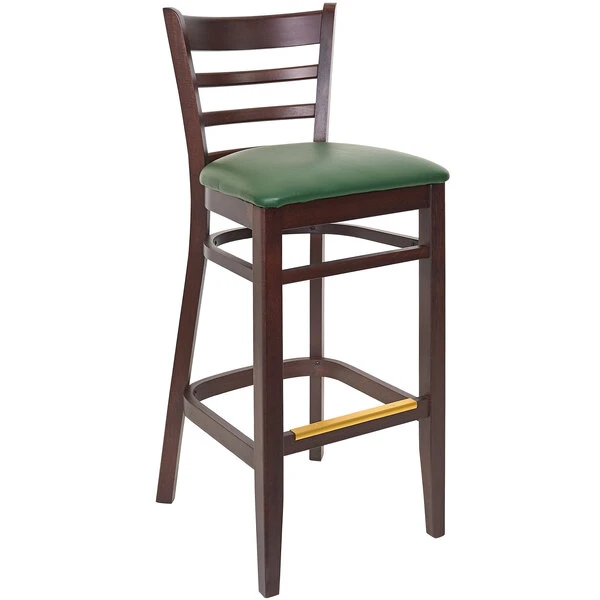Promo ๐คฉ BFM Seating Berkeley Dark Walnut Beechwood Ladder Back Barstool With 2" Green Vinyl Seat ๐