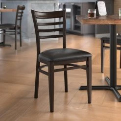 New ๐ LT&S Spartan Series Lancaster Table & Seating Spartan Series Metal Ladder Back Chair With Walnut Wood Grain Finish And Black Vinyl Seat โ