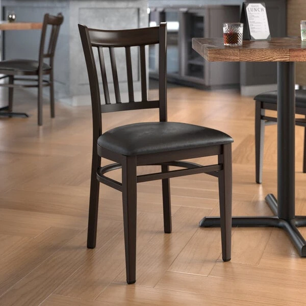 Discount 🥰 LT&S Spartan Series Lancaster Table & Seating Spartan Series Metal Slat Back Chair With Walnut Wood Grain Finish And Black Vinyl Seat 🥰