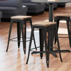 Brand new ❤️ LT&S Alloy Series Lancaster Table & Seating Alloy Series Distressed Copper Metal Indoor Industrial Cafe Counter Height Stool With Natural Wood Seat ⌛