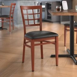 Cheapest 👍 LT&S Spartan Series Lancaster Table & Seating Spartan Series Metal Window Back Chair With Mahogany Wood Grain Finish And Black Vinyl Seat 🥰