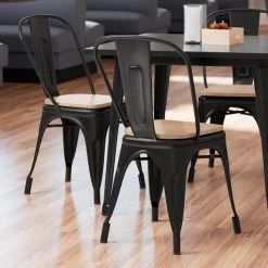 Cheap 👏 LT&S Alloy Series Lancaster Table & Seating Alloy Series Black Metal Indoor Industrial Cafe Chair With Vertical Slat Back And Natural Wood Seat 👍
