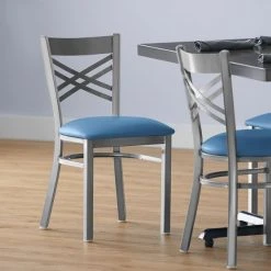 Hot Sale 💯 Lancaster Table & Seating Clear 🧥 Coat Cross Back Chair With Blue Padded Seat 🎁