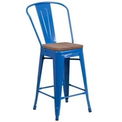 Deals ✔️ Flash Furniture CH-31320-24GB-BL-WD-GG 24" Blue Metal Counter Height Stool With Vertical Slat Back And Wood Seat ⭐