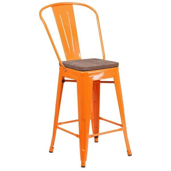 Best Pirce 💯 Flash Furniture CH-31320-24GB-OR-WD-GG 24" Orange Metal Counter Height Stool With Vertical Slat Back And Wood Seat ⭐