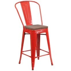 Outlet ❤️ Flash Furniture CH-31320-24GB-RED-WD-GG 24" Red Metal Counter Height Stool With Vertical Slat Back And Wood Seat 🧨