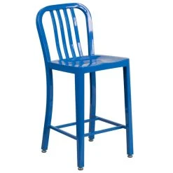 Promo 💯 Flash Furniture CH-61200-24-BL-GG 24" Blue Metal Indoor / Outdoor Counter Height Stool With Vertical Slat Back 👏