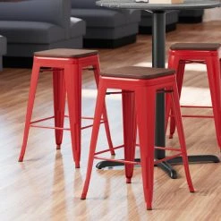 Best Sale โจ LT&S Alloy Series Lancaster Table & Seating Alloy Series Red Metal Indoor Industrial Cafe Counter Height Stool With Walnut Wood Seat ๐งจ