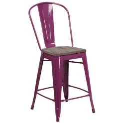 Best Sale ⌛ Flash Furniture ET-3534-24-PUR-WD-GG 24" Purple Metal Counter Height Stool With Vertical Slat Back And Wood Seat 🔥