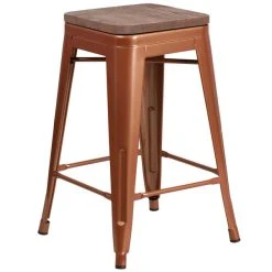 Best Sale 😍 Flash Furniture ET-BT3503-24-POC-WD-GG 24" Copper Stackable Metal Backless Counter Height Stool With Square Wood Seat 😍