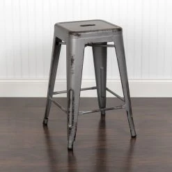 Cheap 💯 Flash Furniture ET-BT3503-24-SIL-GG 24" Distressed Silver Stackable Metal Counter Height Stool With Drain Hole Seat 🎉