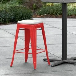 Cheap 🤩 LT&S Alloy Series Lancaster Table & Seating Alloy Series Red Stackable Metal Indoor / Outdoor Industrial Cafe Counter Height Stool With Gray Fabric Magnetic Cushion 👍