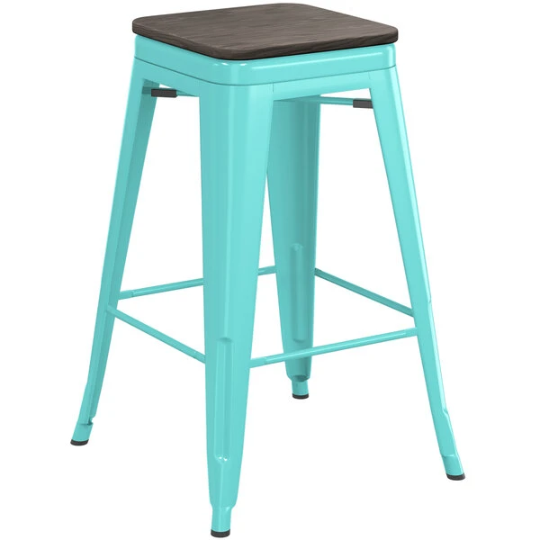 Buy ๐ LT&S Alloy Series Lancaster Table & Seating Alloy Series Seafoam Metal Indoor Industrial Cafe Counter Height Stool With Black Wood Seat ๐ - Image 2