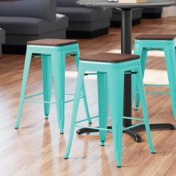 Hot Sale 😍 LT&S Alloy Series Lancaster Table & Seating Alloy Series Seafoam Metal Indoor Industrial Cafe Counter Height Stool With Walnut Wood Seat ✨